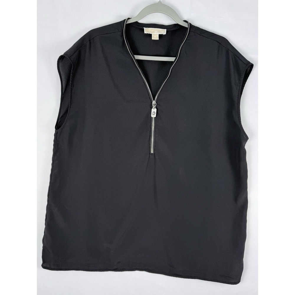 Michael Kors Womens XL Black Sleeveless Blouse Silver Zip V Neck Career Top